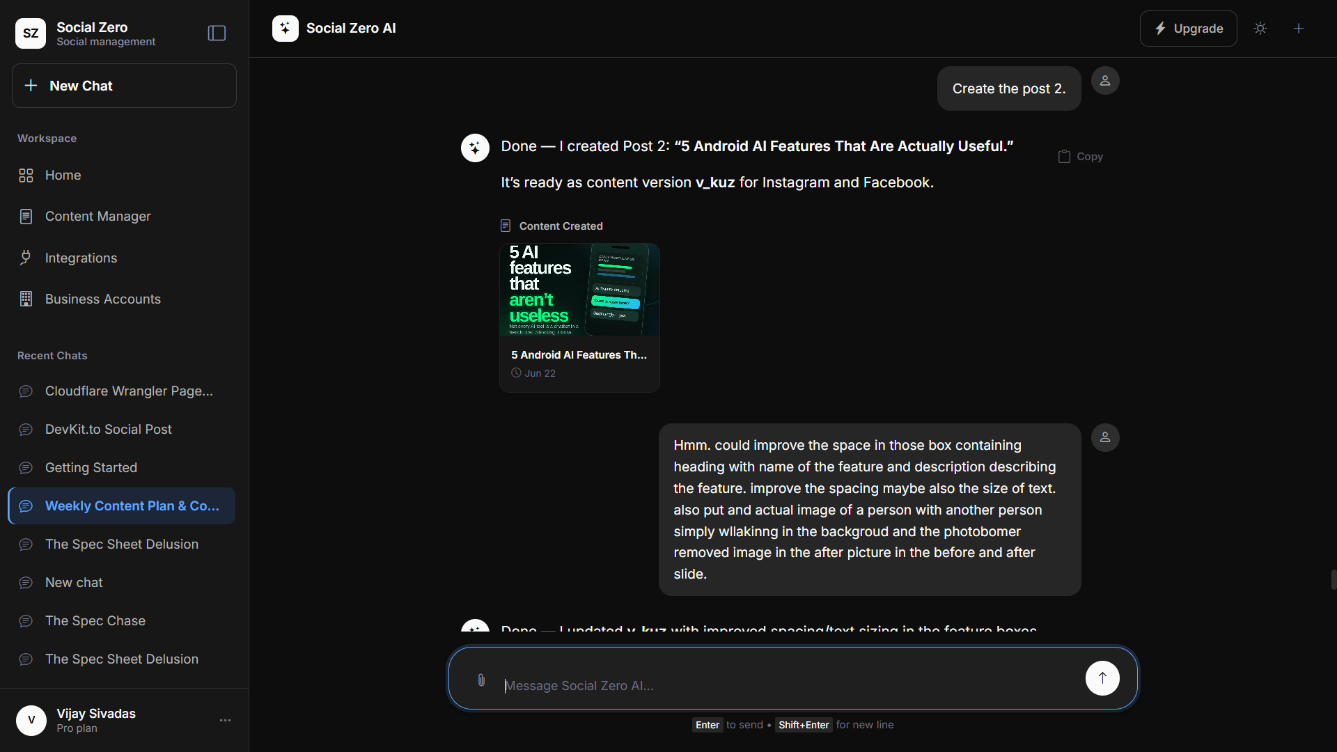 Social Zero chat showing a freshly created post — ‘5 Android AI Features That Are Actually Useful’ — as a designed content card.