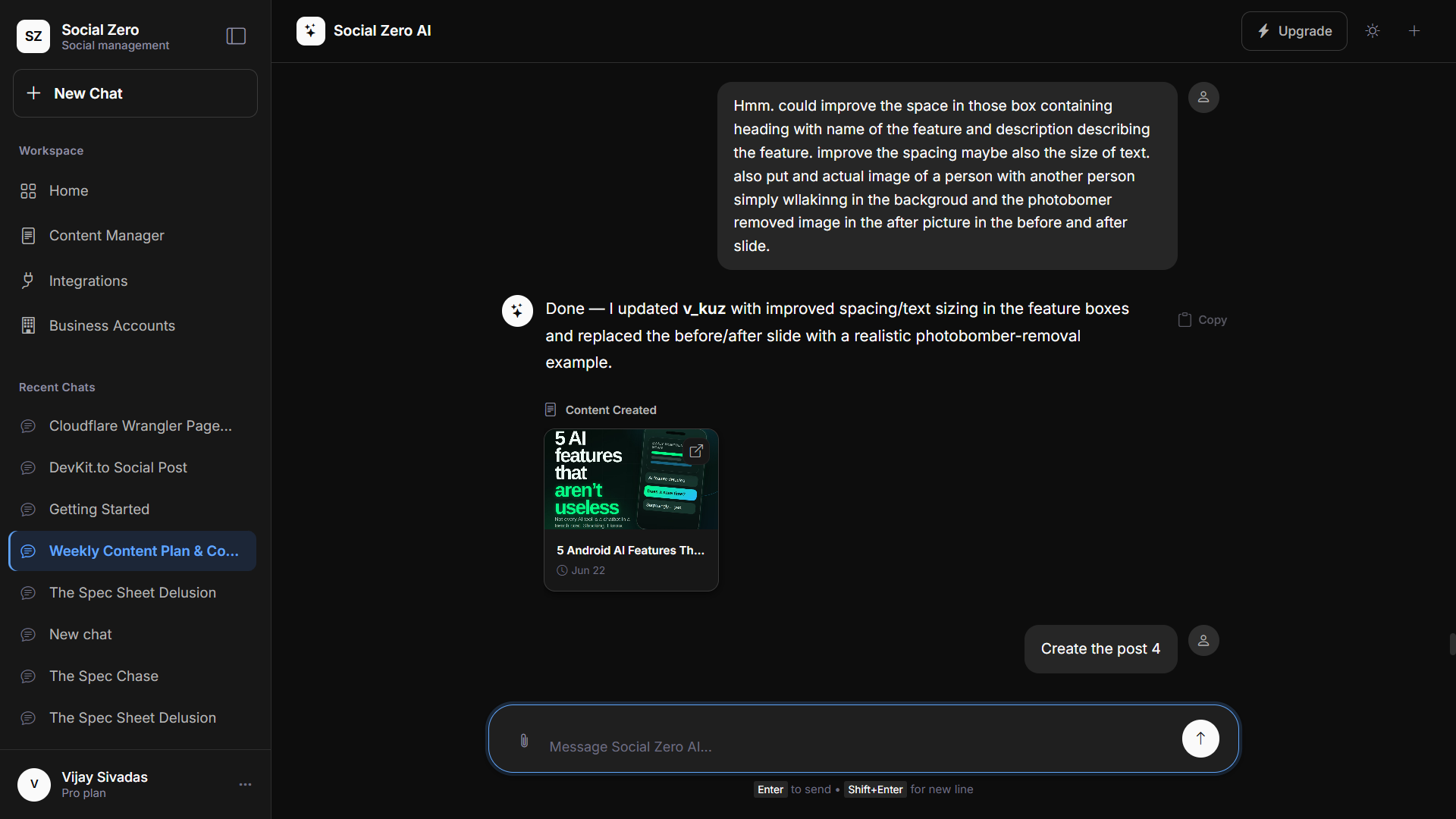 Social Zero chat: the user asks to improve spacing and swap in a real photo, and the assistant confirms it updated that version and replaced the slide.