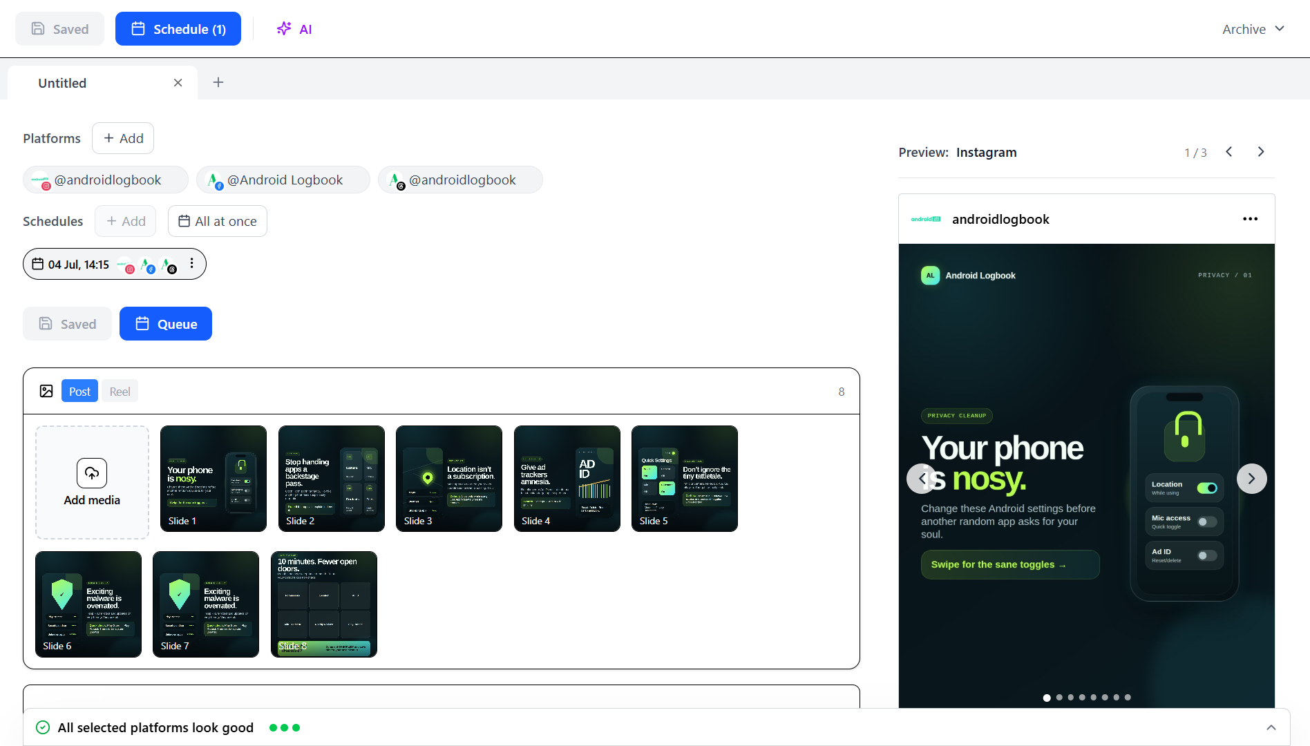 The Social Zero content editor: a carousel of slides, selected Instagram/Facebook/Threads accounts, a schedule, and a live Instagram preview on the right.