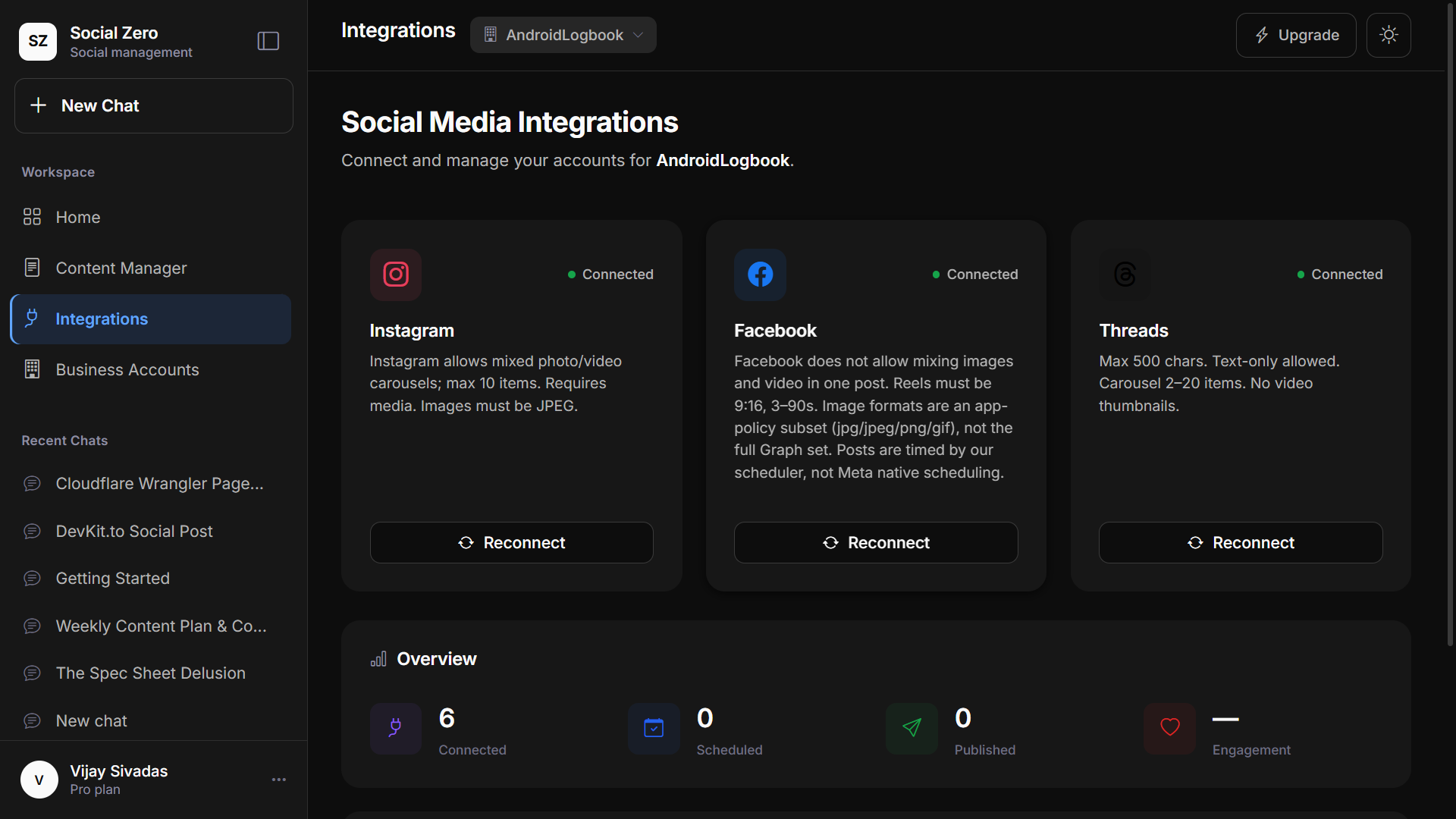 Social Zero integrations page: Instagram, Facebook and Threads all connected, each card showing that platform's posting rules.